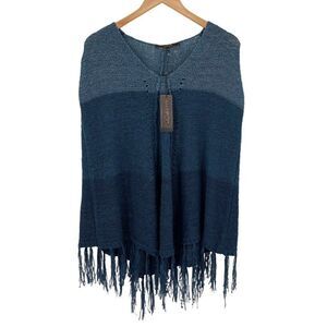 Max Sport Dark Ink Combo Fringed Poncho Sweater V-Neck S/M Blue MX13506-1 NWT‎